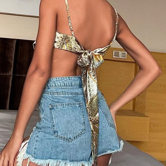 Yellow Printed Satin Silk Bandana Crop Top Tie Back Triangle Sleeveless Cami Top - Picture 4 of 11